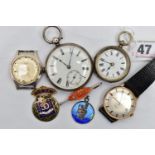 TWO POCKET WATCHES, WRISTWATCHES ETC, to include a key wound, silver open face pocket watch, round