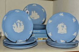 TWELVE WEDGWOOD JASPERWARE CHRISTMAS PLATES, five with boxes, comprising 1986, 1987, 1988, 1989 (