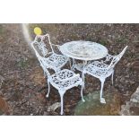 A PAINTED ALUMINIUM GARDEN TABLE 79cm in diameter and three chairs (4)