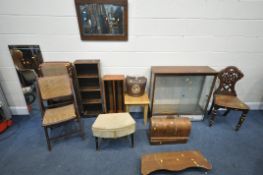 A SELECTION OF OCCASIONAL FURNITURE, to include a glazed two door sliding display cabinet, a