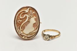 A 9CT GOLD RING AND SHELL CAMEO, a single cut diamond, set within a white metal illusion setting,