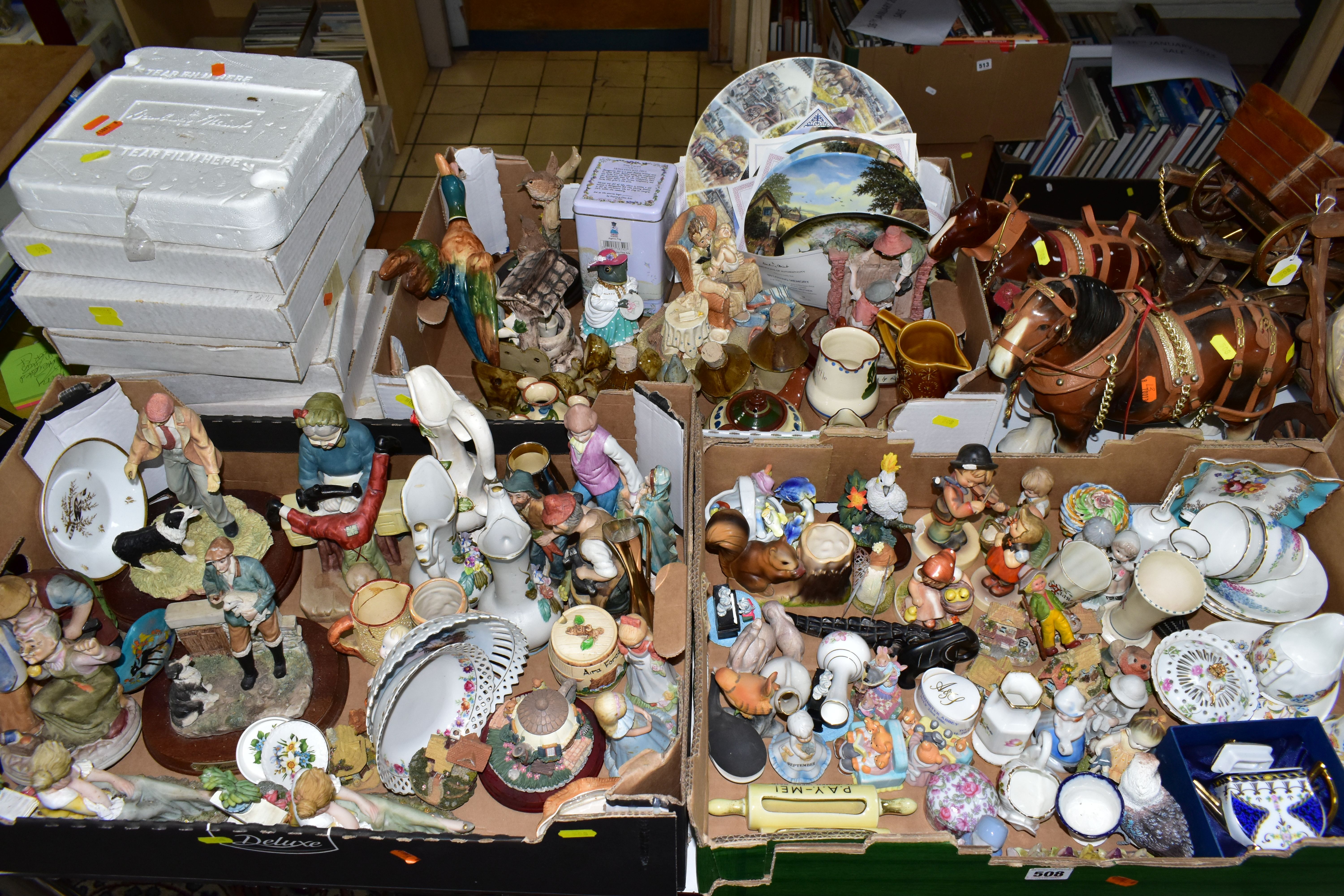 THREE BOXES OF CERAMIC ORNAMENTS AND CABINET PLATES, to include two ceramic Shire horses with wooden