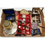 A BOX OF ASSORTED ITEMS, to include a display tray with a red fabric lining, a small jewellery box
