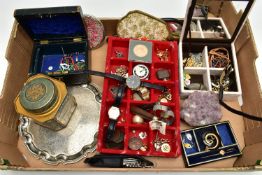 A BOX OF ASSORTED ITEMS, to include a display tray with a red fabric lining, a small jewellery box