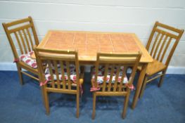 A MODERN RECTANGUALR TILE TOP KITCHEN TABLE, length 120cm x depth 75cm x height 75cm, along with a