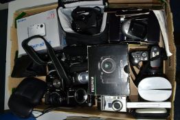 CAMERAS, one box containing twelve various cameras to include a Pentax Auto 110, a Fujifilm