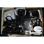 CAMERAS, one box containing twelve various cameras to include a Pentax Auto 110, a Fujifilm