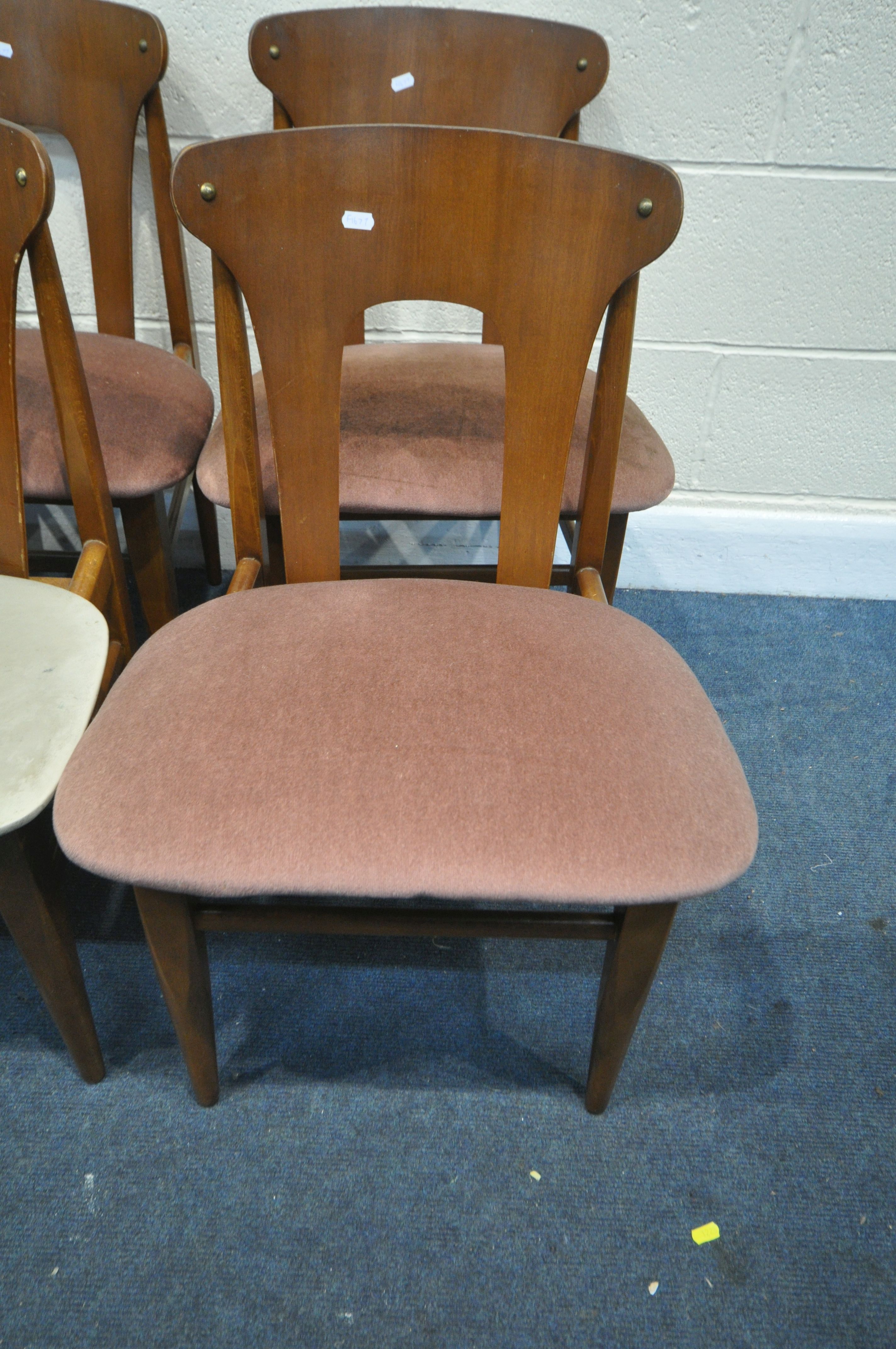 A SET OF SIX MID CENTURY TEAK ELLIOTS OF NEWBURY DINING CHAIRS, four with pink upholstered seat - Image 2 of 4