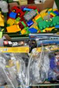 A QUANTITY OF ASSORTED LEGO AND MEGA BLOKS ITEMS, loose and in assorted bags, contents not