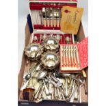 A BOX OF ASSORTED WHITE METAL WARE, to include a three bowl nut dish, a cased set of six tea knives,