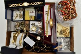 A SELECTION OF MAINLY COSTUME JEWELLERY AND WATCHES, to include three lady's Sekonda watches,