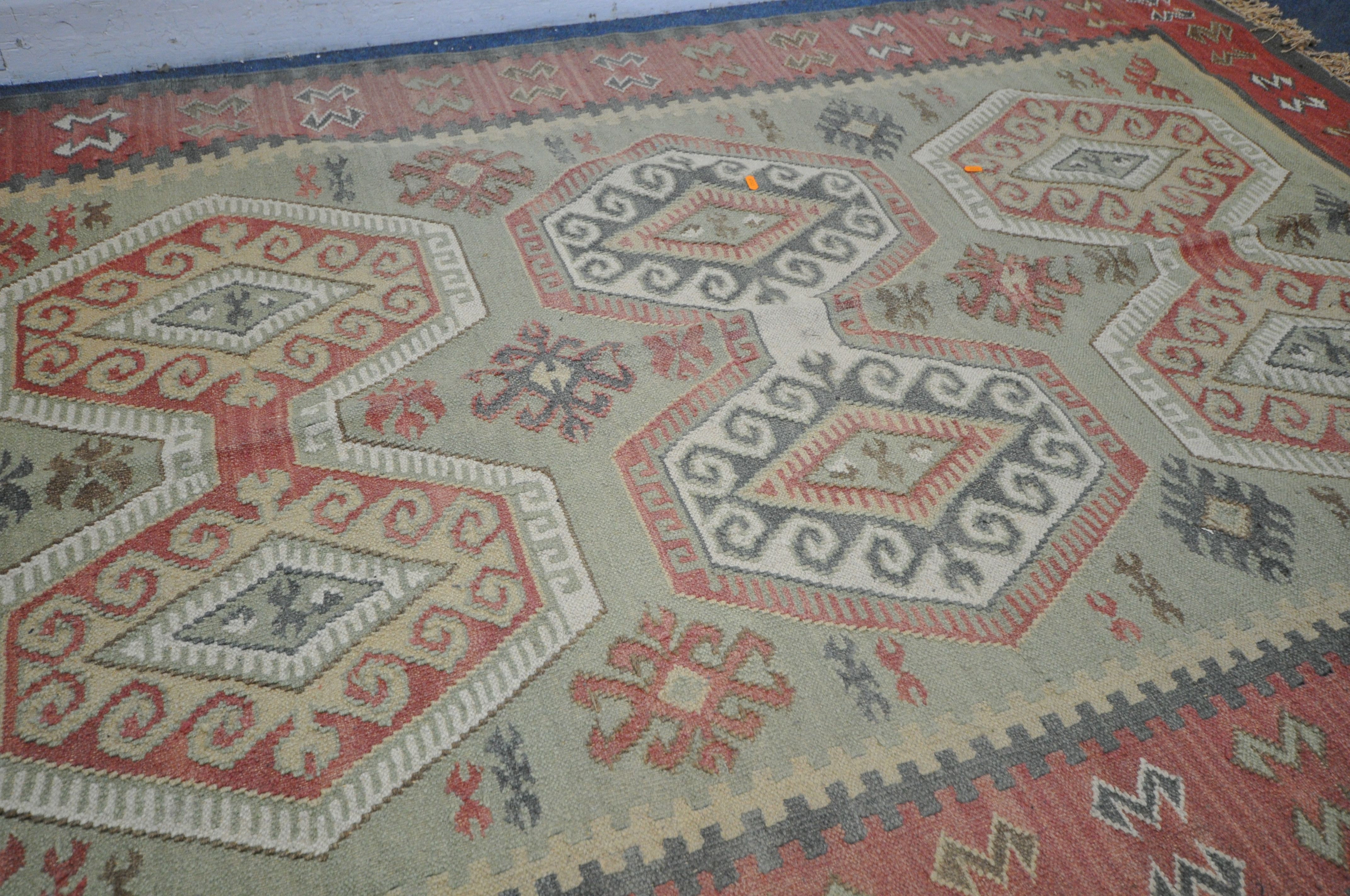 A 20TH CENTURY WOOLLEN MOROCCAN GEOMETRIC RUG, 240cm x 159cm, along with a modern blue rug, and a - Image 2 of 6