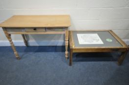 A STRIPPED VICTORIAN PINE SIDE TABLE, with a single frieze drawer, on turned legs, width 106cm x