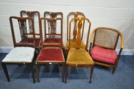A SET OF FOUR EDWARDIAN PIECED SPLAT BACK CHAIRS, two similar splat back chairs, and a low bergère