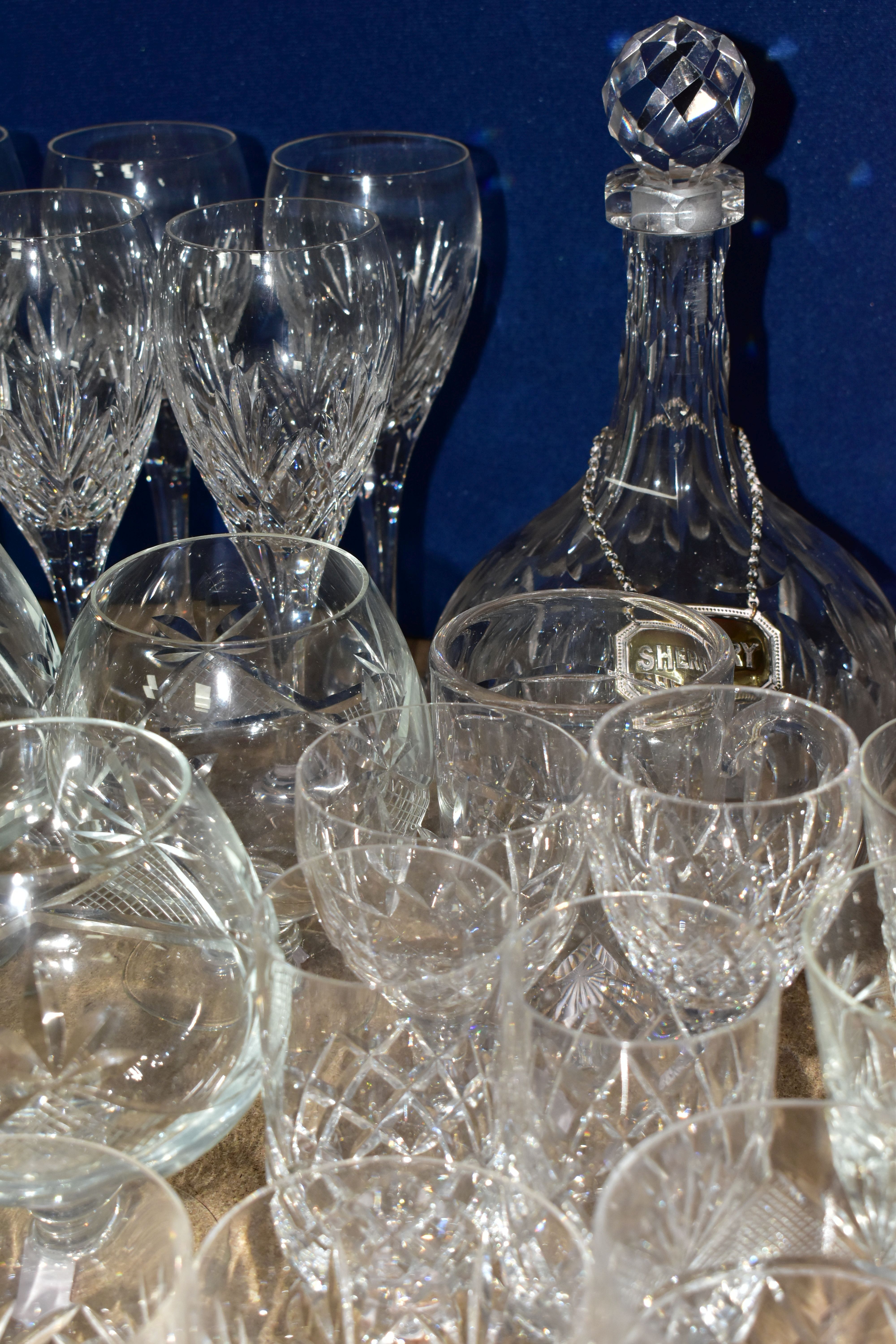 A QUANTITY OF CUT GLASS, comprising a set of six long stemmed wine glasses, sherry glasses, - Image 4 of 6