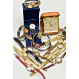 A SMITHS TRAVEL CLOCK, A SELECTION OF WRISTWATCHES AND JEWELLERY, to include a 'Smiths' travel clock