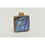 A MOTHER OF PEARL PENDANT, designed as a square shape panel with mother of pearl panel front and