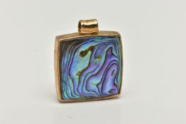 A MOTHER OF PEARL PENDANT, designed as a square shape panel with mother of pearl panel front and