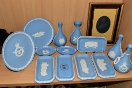 A COLLECTION OF WEDGWOOD JASPER WARES, mainly pale blue, to include a bud vase and 16.5cm plate with