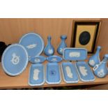 A COLLECTION OF WEDGWOOD JASPER WARES, mainly pale blue, to include a bud vase and 16.5cm plate with