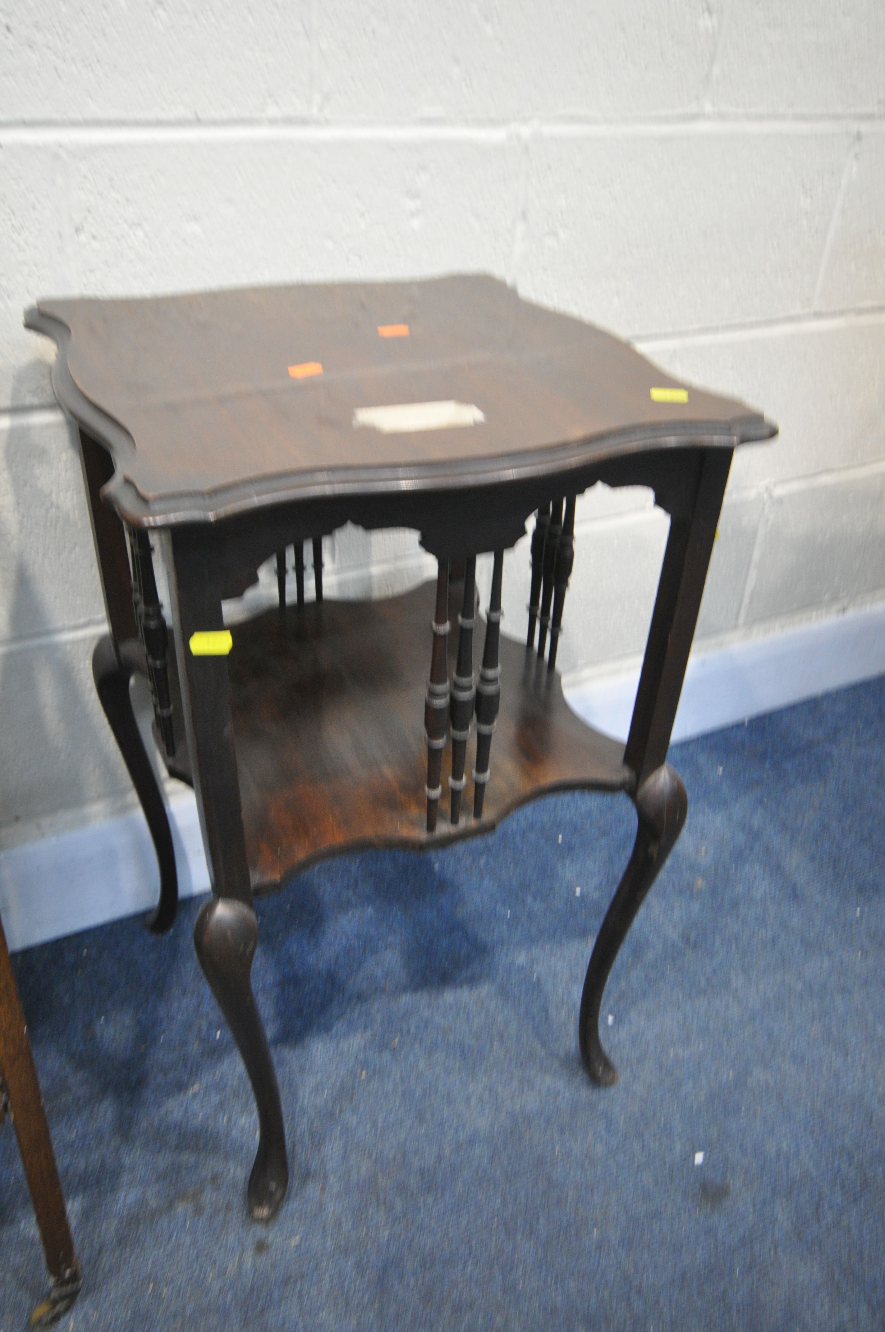 AN EDWARDIAN MAHOGANY THREE TIER STAND, width 56cm x depth 39cm x height 91cm (condition - repair to - Image 2 of 3