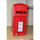 A METAL RED LETTER BOX INCLUDING TWO BRASS KEYS, in the style of a George VI postbox, removable