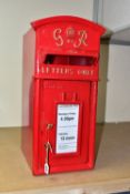 A METAL RED LETTER BOX INCLUDING TWO BRASS KEYS, in the style of a George VI postbox, removable