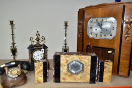 A GROUP OF CLOCKS AND A VINTAGE TELEPHONE, comprising a large wooden cased Carillon Romanet