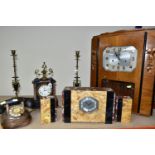 A GROUP OF CLOCKS AND A VINTAGE TELEPHONE, comprising a large wooden cased Carillon Romanet