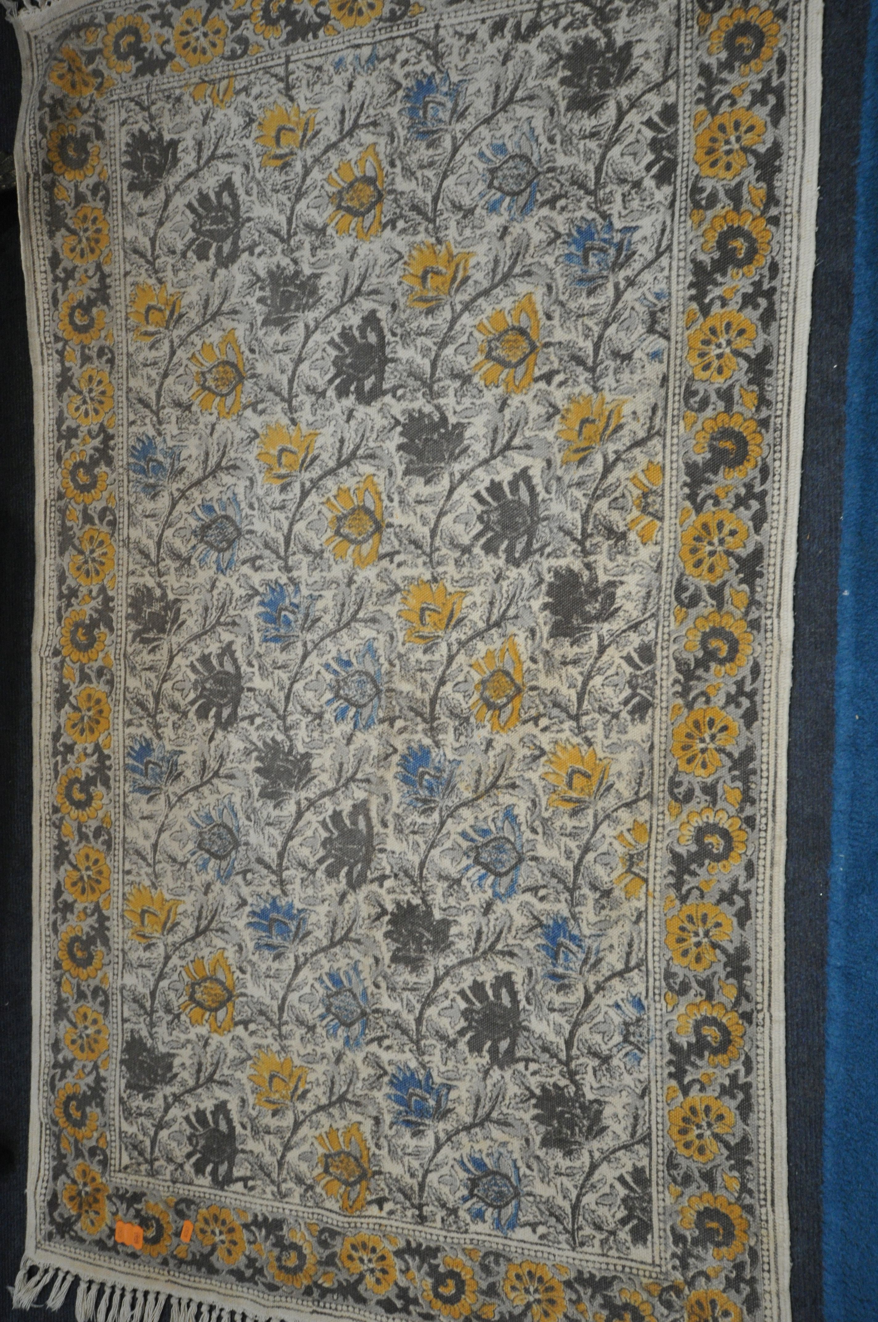 A 20TH CENTURY WOOLLEN MOROCCAN GEOMETRIC RUG, 240cm x 159cm, along with a modern blue rug, and a - Image 5 of 6