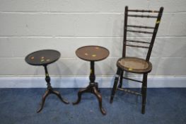 TWO EARLY 20TH CENTURY MAHOGANY WINE TABLES, and a late 19th century beech narrow chair, with a