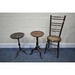 TWO EARLY 20TH CENTURY MAHOGANY WINE TABLES, and a late 19th century beech narrow chair, with a