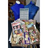 ONE BOX OF ASSORTED HABERDASHERY ITEMS, together with two turn and lock dress making mannequin