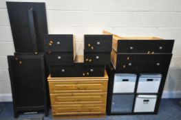 AN DISMANTLED IKEA BLACK SIDEBOARD, with eight drawers, an Ikea 2x2 storage unit, and a pine chest