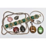 A COLLECTION OF SILVER AND WHITE METAL GEM SET JEWELLERY, to include a tiger's eye bangle, Swedish