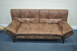 A FAUX LEATHER SOFA BED, with drop end and back rests, on a tubular metal frame, overall length