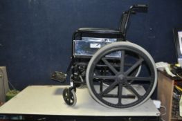 A HOMECRAFT EBONY FOLDING WHEELCHAIR with only one footrest and a vintage Black and Decker