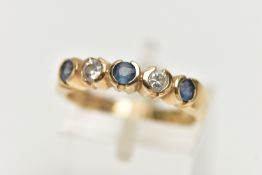 A 9CT YELLOW GOLD, DIAMOND AND SAPPHIRE HALF ETERNITY RING, designed with a row of three circular