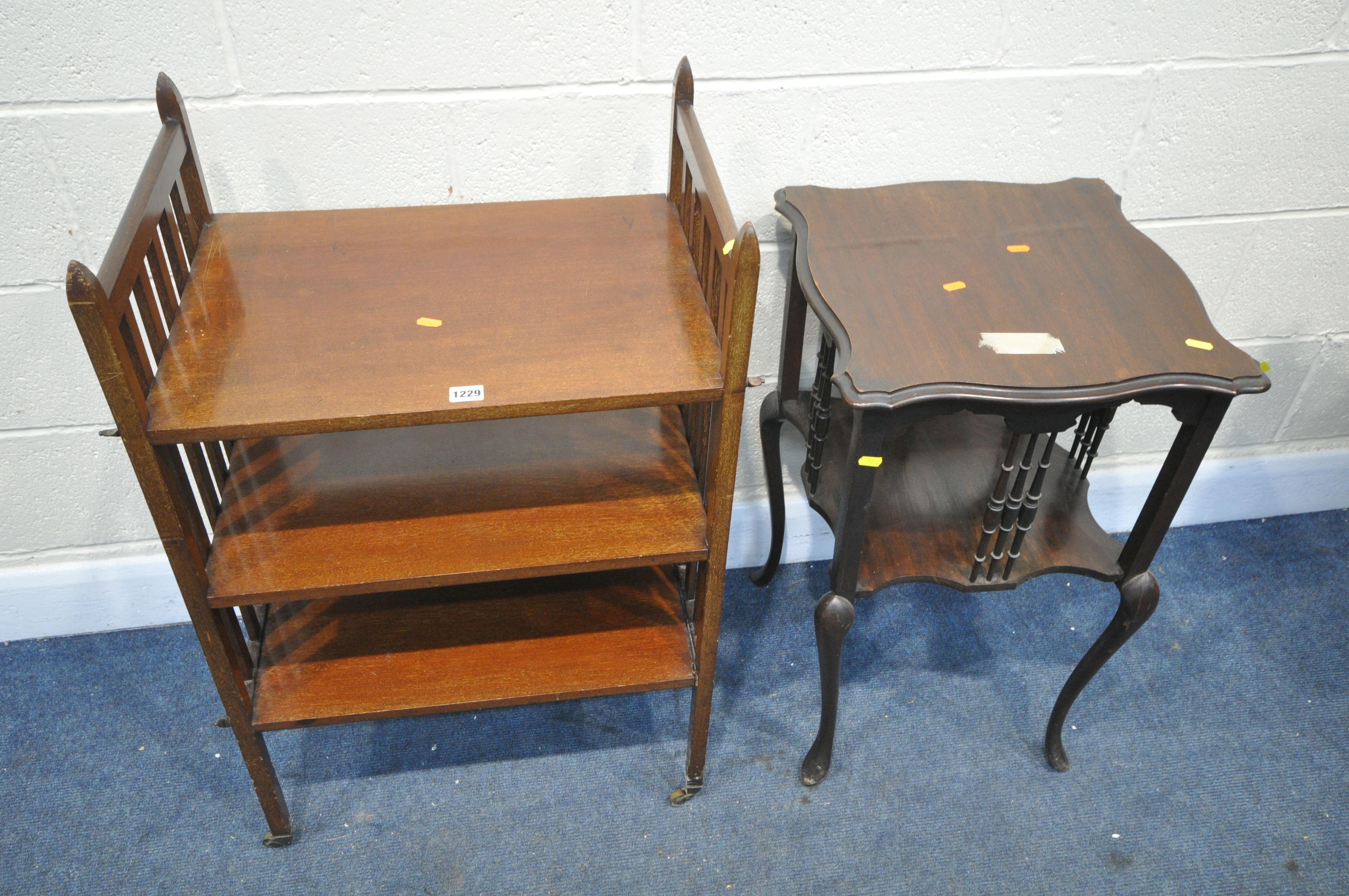 AN EDWARDIAN MAHOGANY THREE TIER STAND, width 56cm x depth 39cm x height 91cm (condition - repair to