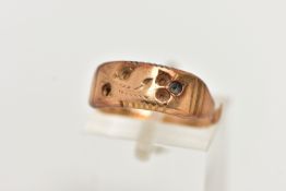 A LATE VICTORIAN 15CT GOLD RING, AF/scrap, band with floral detailing, missing stones, with a