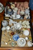 TWO BOXES OF MINIATURE CERAMICS, GLASSWARES AND SUNDRIES, to include a miniature Coalport