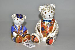 TWO ROYAL CROWN DERBY TEDDY BEAR PAPERWEIGHTS, comprising Teddy Bear (Blue Bow Tie), height 12cm,