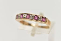 A 9CT GOLD GEMSET RING, five rubies and four single cut diamonds, channel and prong set in a