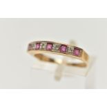 A 9CT GOLD GEMSET RING, five rubies and four single cut diamonds, channel and prong set in a