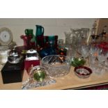 A QUANTITY OF CUT CRYSTAL, COLOURED AND OTHER GLASS WARES, to include a pair of Waterford Colleen