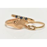 THREE 9CT GOLD RINGS, the first a heart shaped signet ring, with sunset design, polished band,