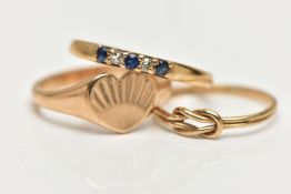 THREE 9CT GOLD RINGS, the first a heart shaped signet ring, with sunset design, polished band,