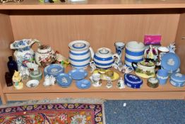 A COLLECTION OF ASSORTED CERAMICS, comprising three pieces of Cornish Ware, teapot, lidded cannister