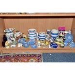 A COLLECTION OF ASSORTED CERAMICS, comprising three pieces of Cornish Ware, teapot, lidded cannister