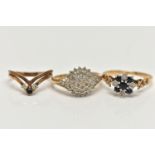 THREE 9CT GOLD DIAMOND AND GEM SET RINGS, to include a single cut diamond tiered cluster ring,
